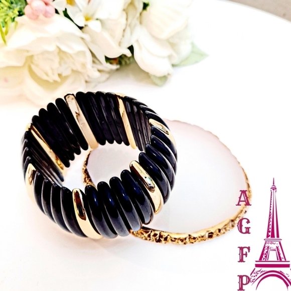 💖 2/$30 Chunky Gold & Black Stretch Cuff Bracelet Statement Bangle Stackable - Picture 1 of 9